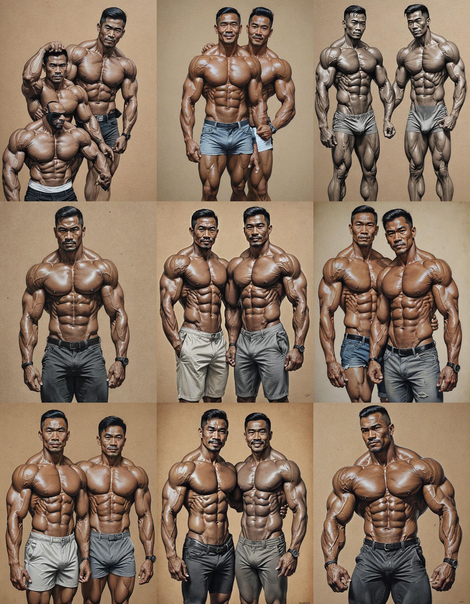 gay, man, muscular hunk, muscle, conjoined, realism, malay, daddy, merge