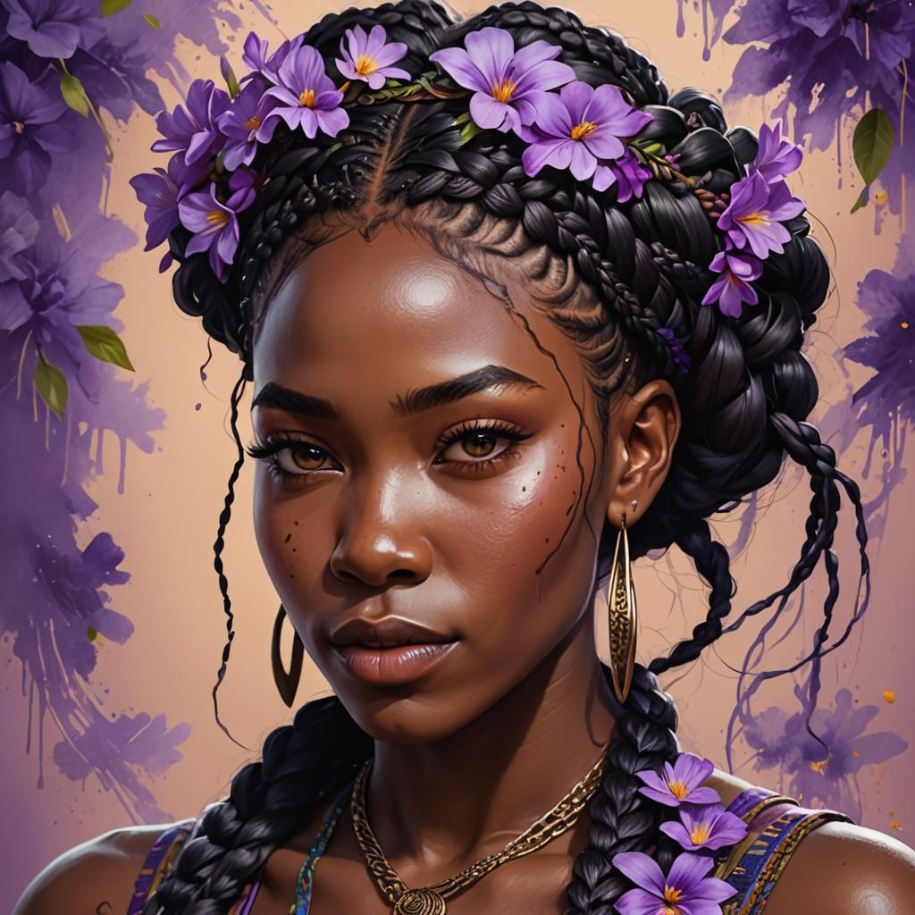 African Girl with Braids and Flowers in Splash Art