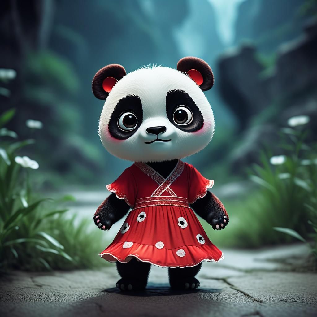 Little Panda in a red dress with big cute chibi eyes