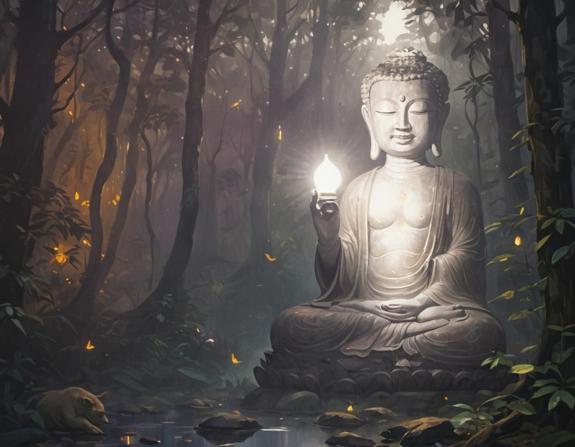 Luminous Buddha in Forest, Fauvist Concept Art