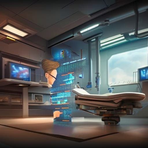 Cyberpunk Doctor Examines Chart in Futuristic Setting