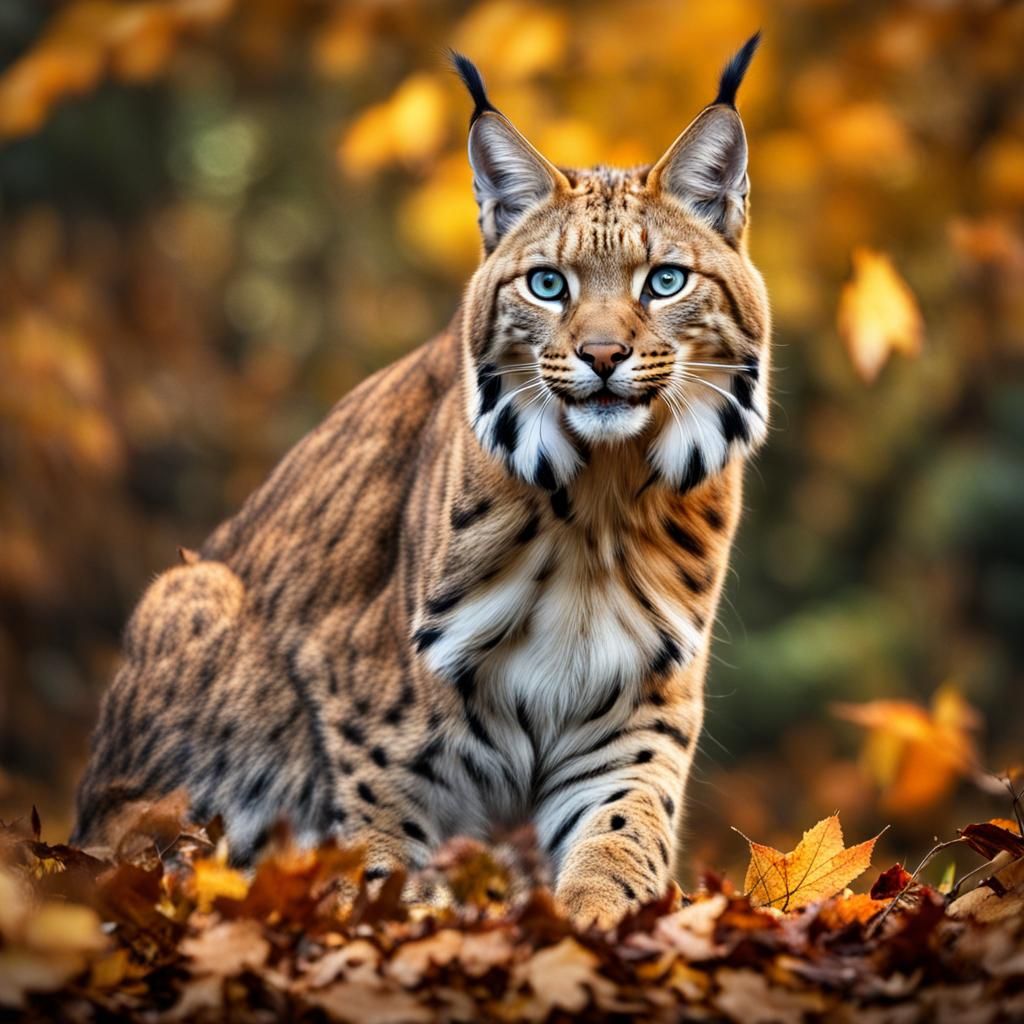 Eurasian Lynx Cat in Autumn Woodland, Hyperrealistic Portrai...