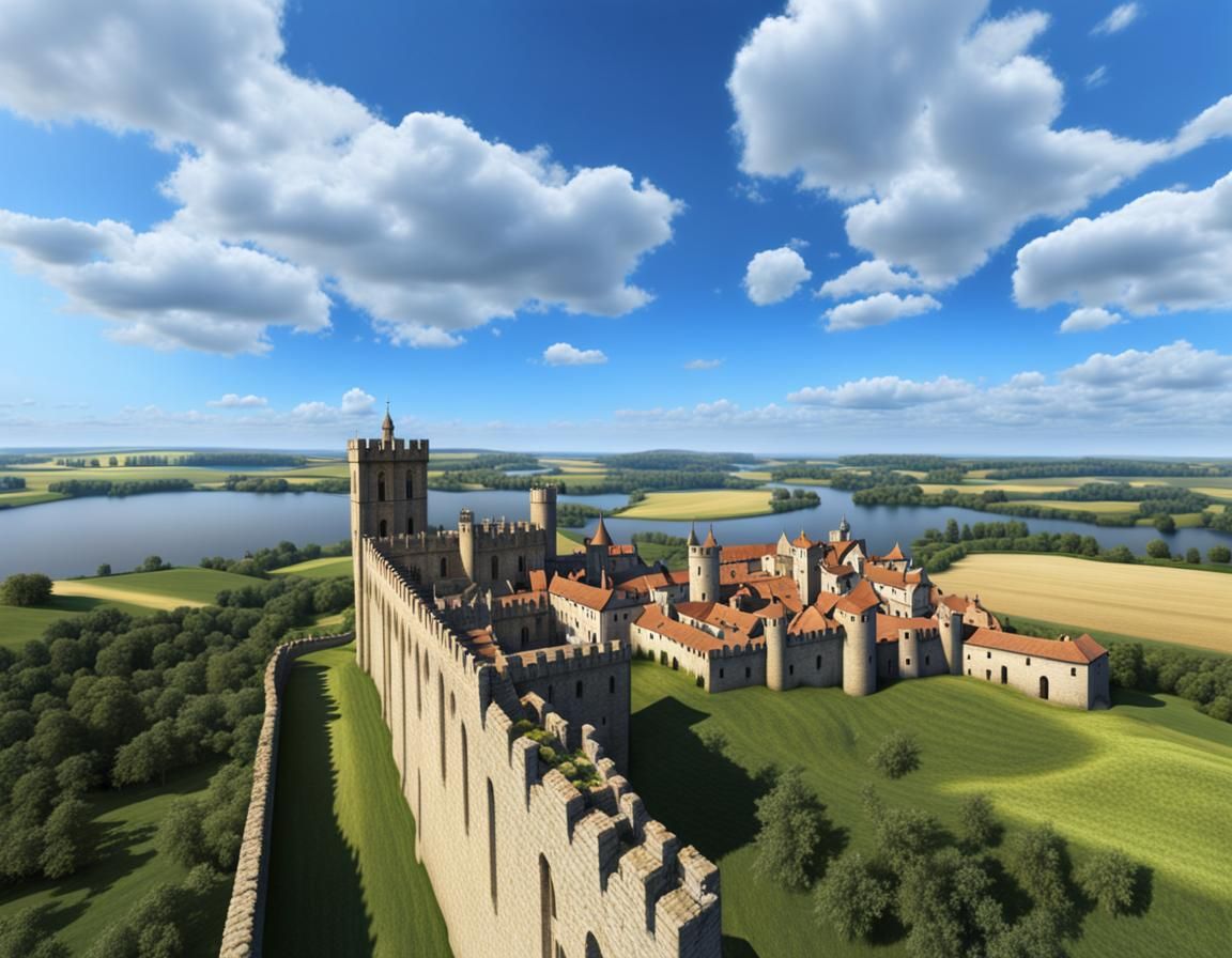 Medieval Castle Overlooking Lake and Wheatfields