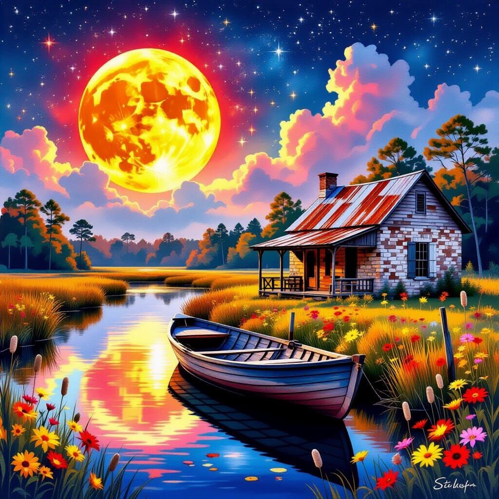 Solitary Rowboat and Cabin Under Crimson Supermoon