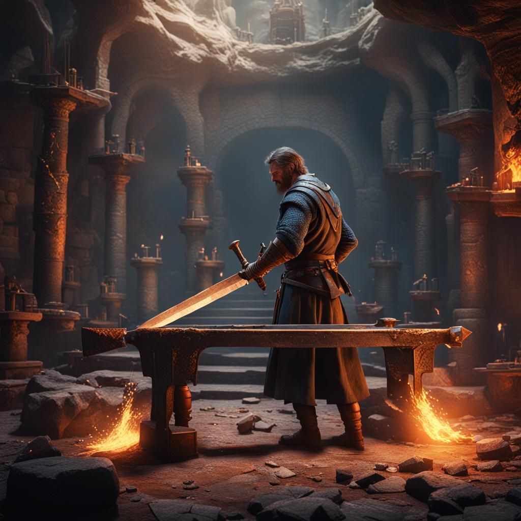 Blacksmith Forging Sword: Detailed Fantasy Art