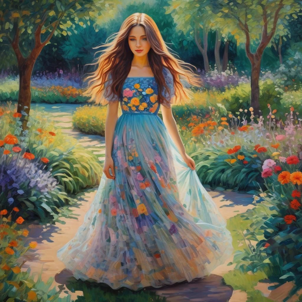 Woman in Tulle Dress: Expressionist Impasto Garden Scene