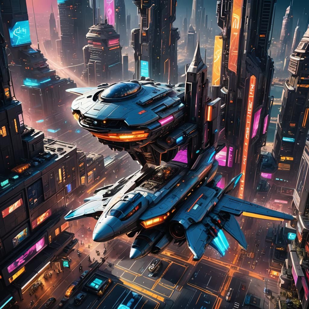 Futuristic Metropolis Spaceport in Cyberpunk Style