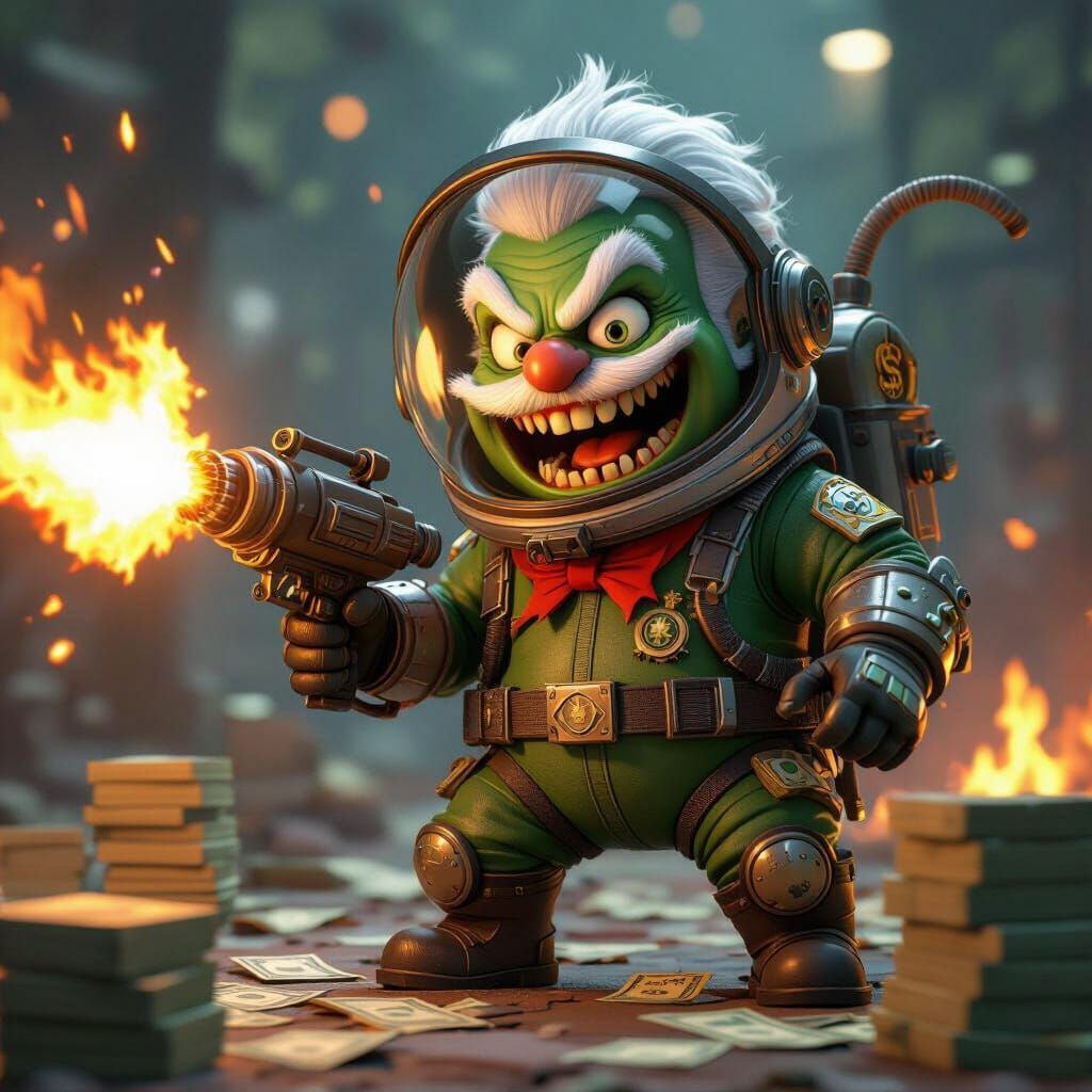 Alien Monopoly Man Burns Money with Flamethrower