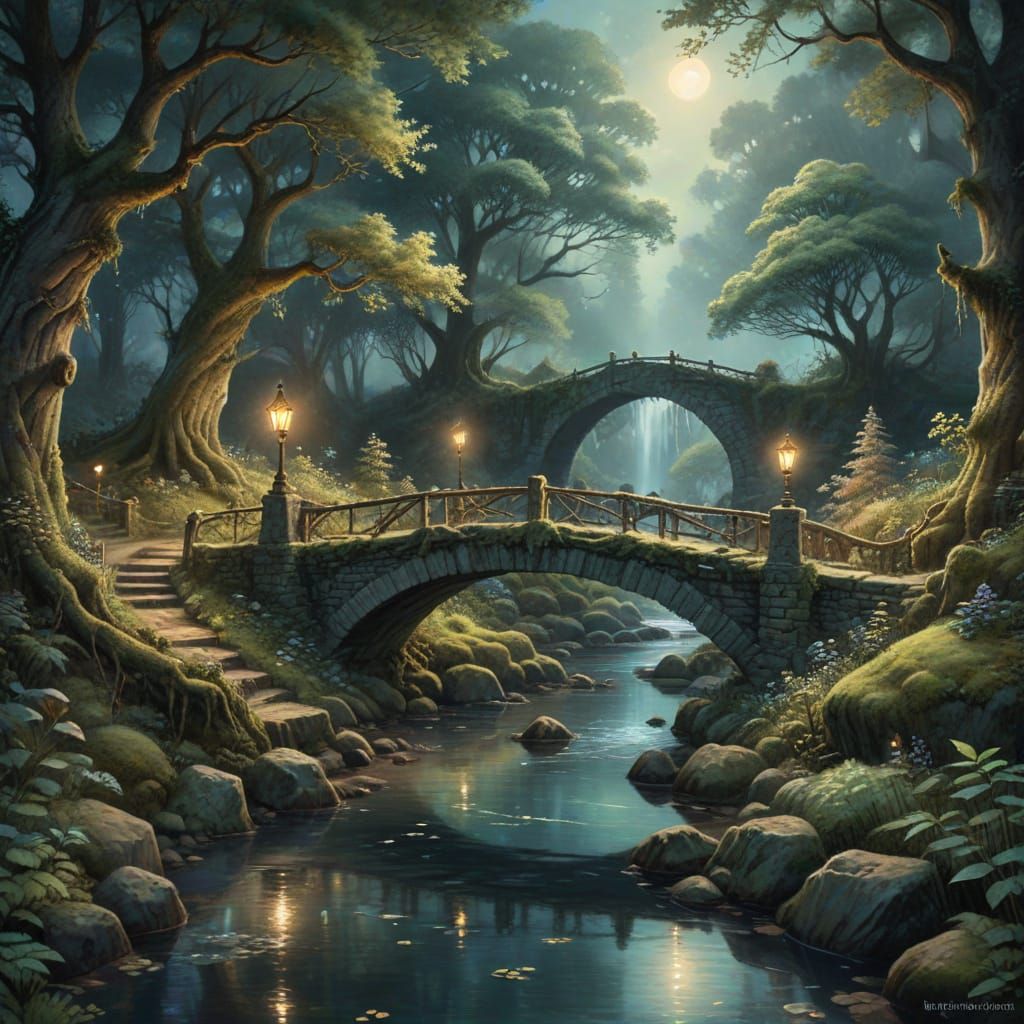 Whimsical Watercolor Bridge in Enchanted Forest