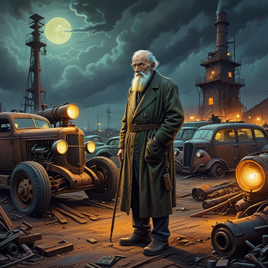 Mystic Old Man Guards Junkyard in Dieselpunk Painting