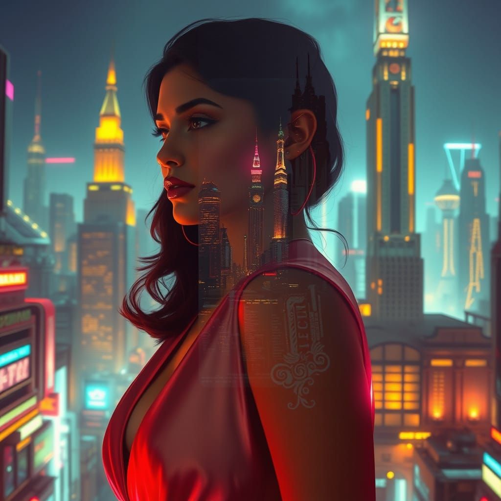 Woman Profile Portrait in Futuristic Cityscape