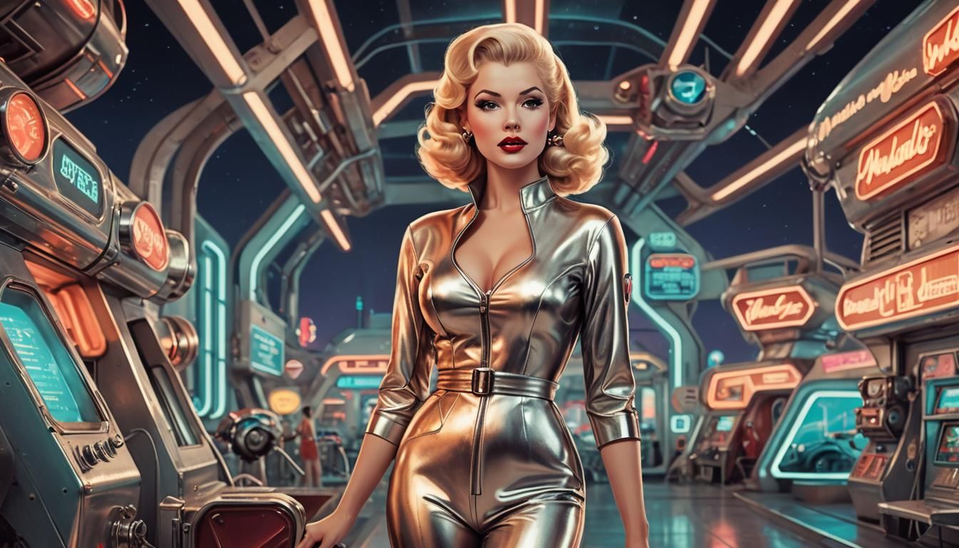 Retro-Futuristic Pin-Up in Spaceport Scene