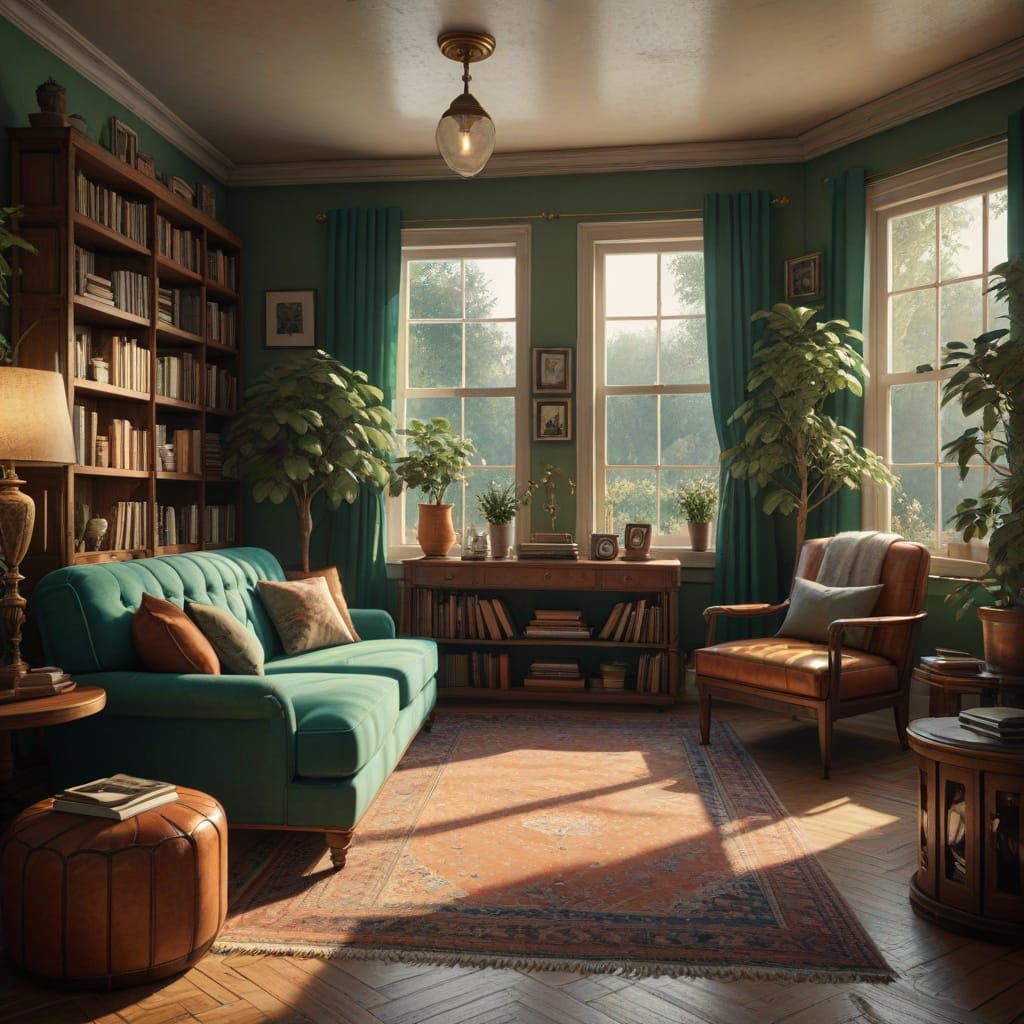 Vintage Living Room with Garden View in Art Deco Style