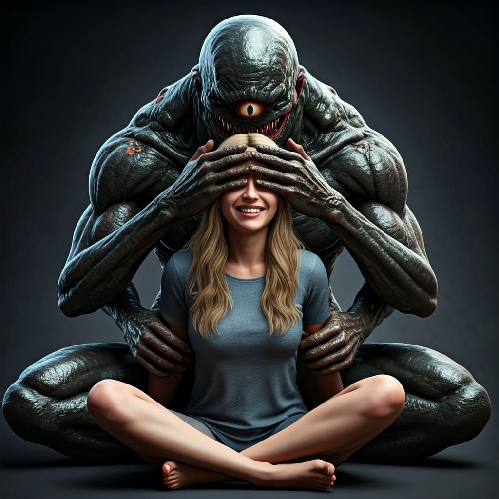 Woman and Monster in Photorealistic 3D Rendering Style