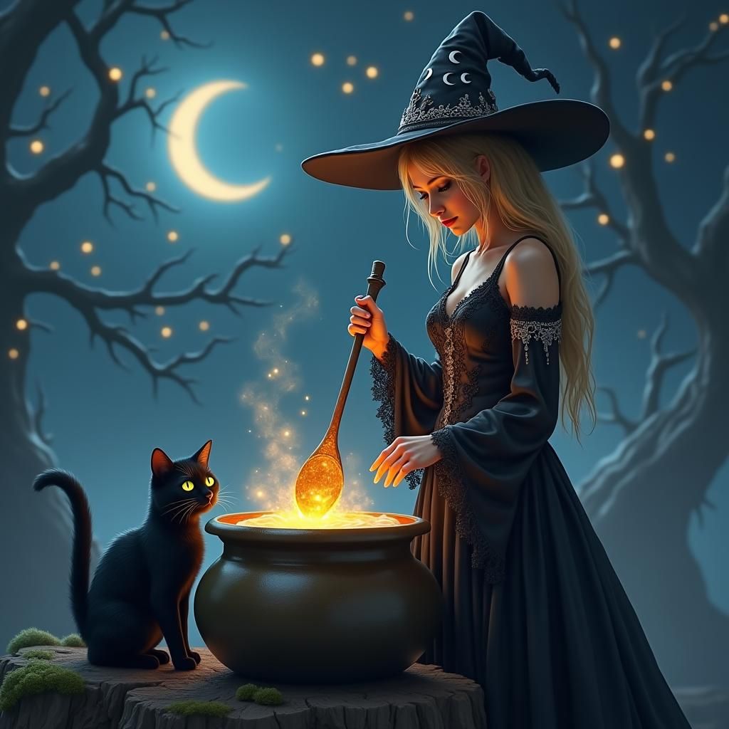 Majestic Witch in Moonlit Forest with Cauldron