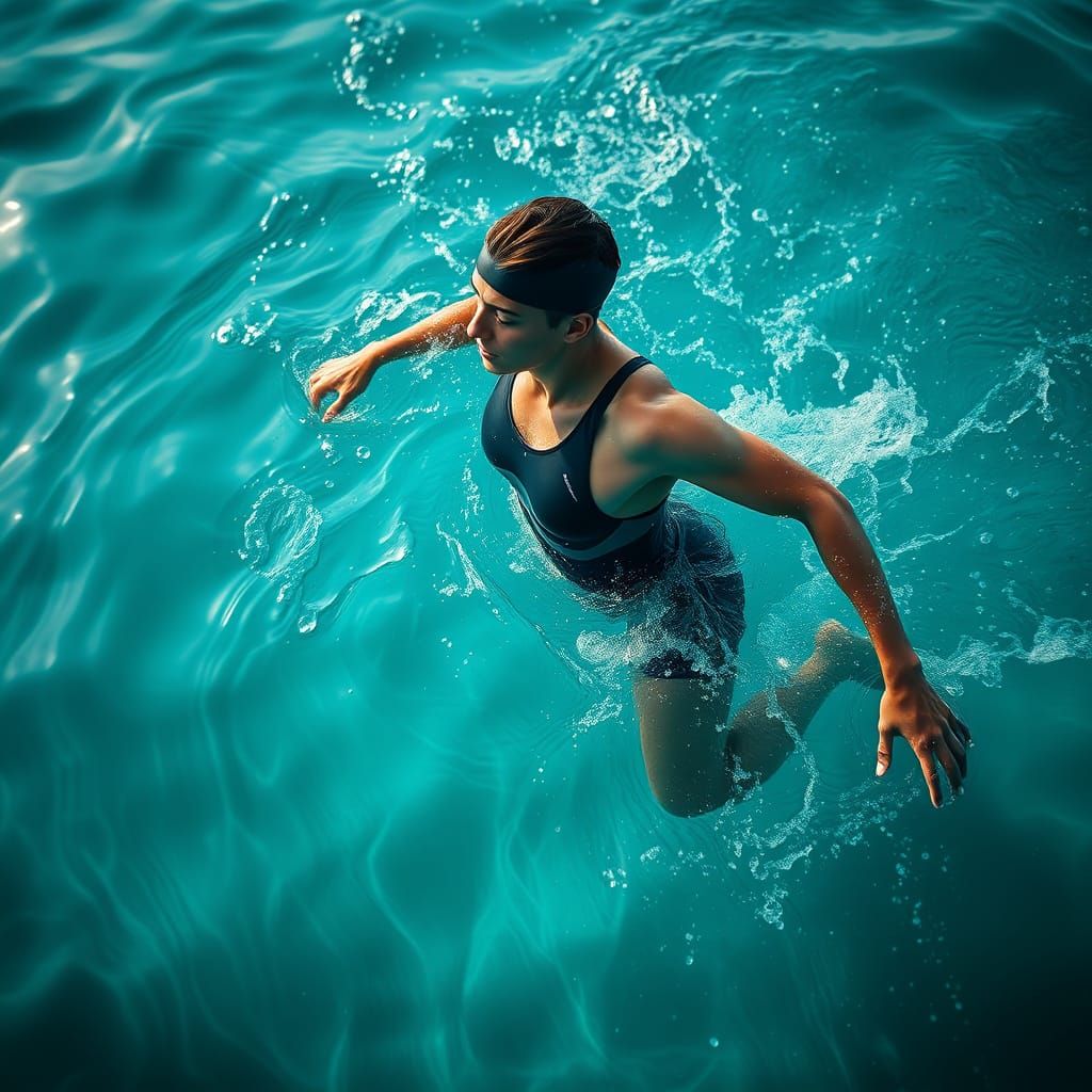 Hyperrealistic Swimmer in Turquoise Water