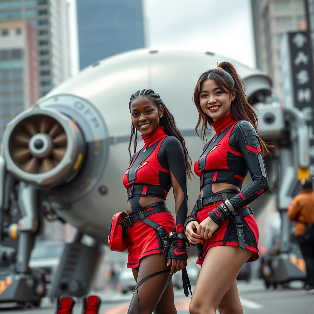 Smiling Women in Futuristic Cityscape Streetwear