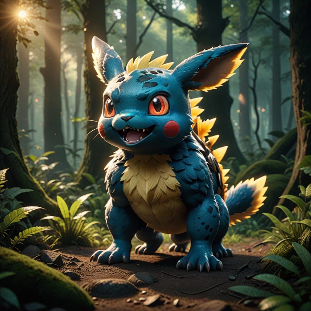 Photorealistic Pokémon Roaring in Misty Forest