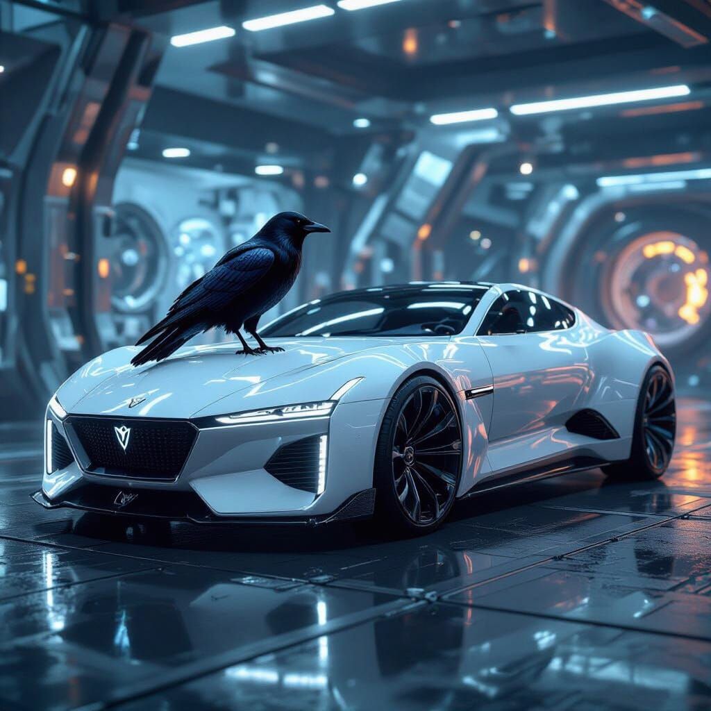 Crow in Futuristic Car, Sci-Fi Scene