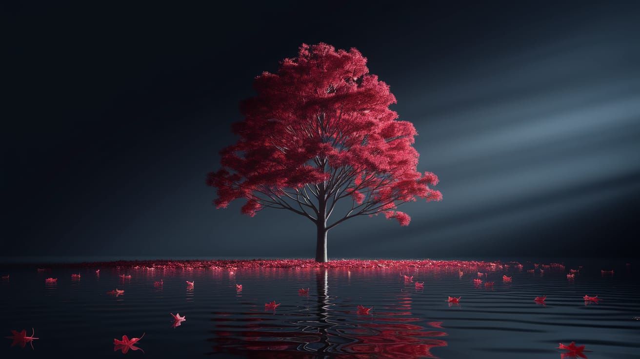 Vibrant Red Tree Silhouetted Against Dark Water