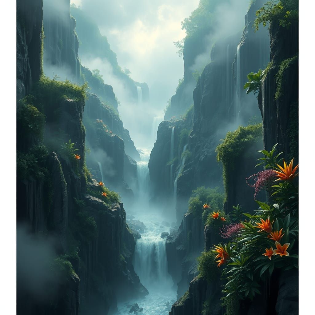 Majestic Canyon Landscape with Heavy Rainfall and Vibrant Fl...