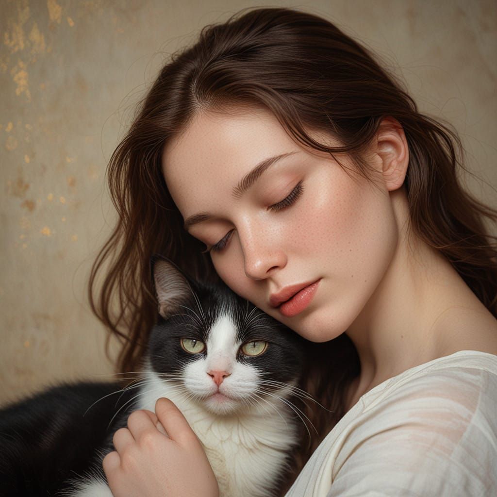 Bouguereau-Inspired Woman and Cat in Tranquil Repose