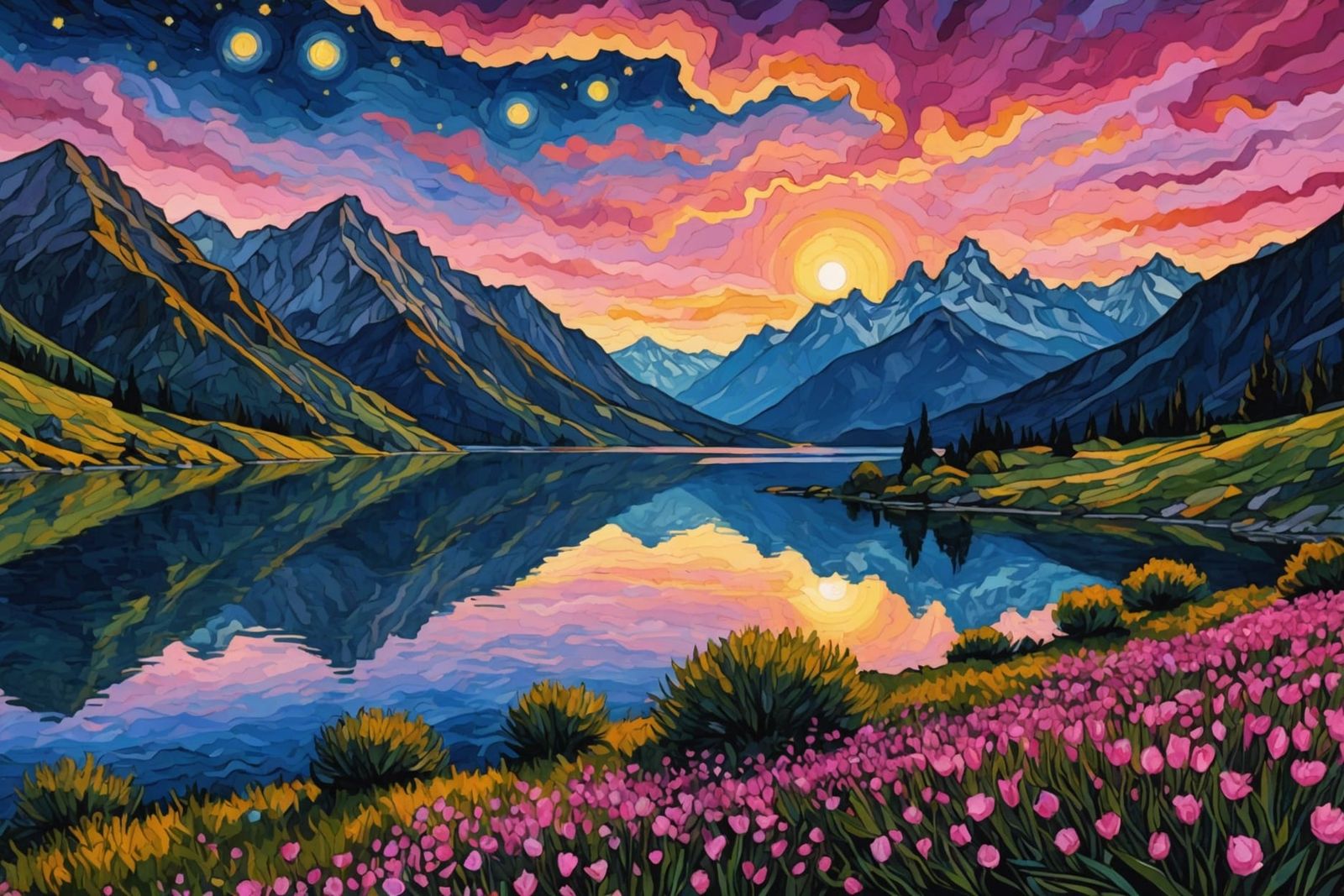 Lake with Pink Flowers: Gothic Watercolor Painting