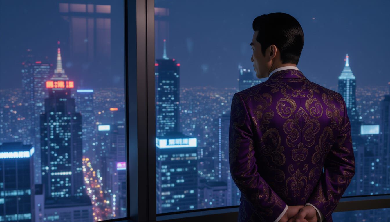 Cyberpunk Hiroshi Abe in Gold Suit Gazing at City