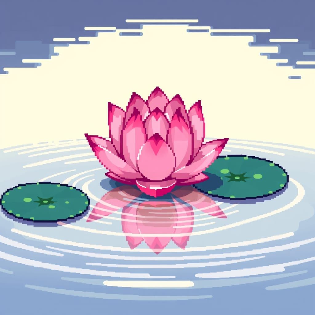 8-bit pixelated digital image of a lotus blossom on water