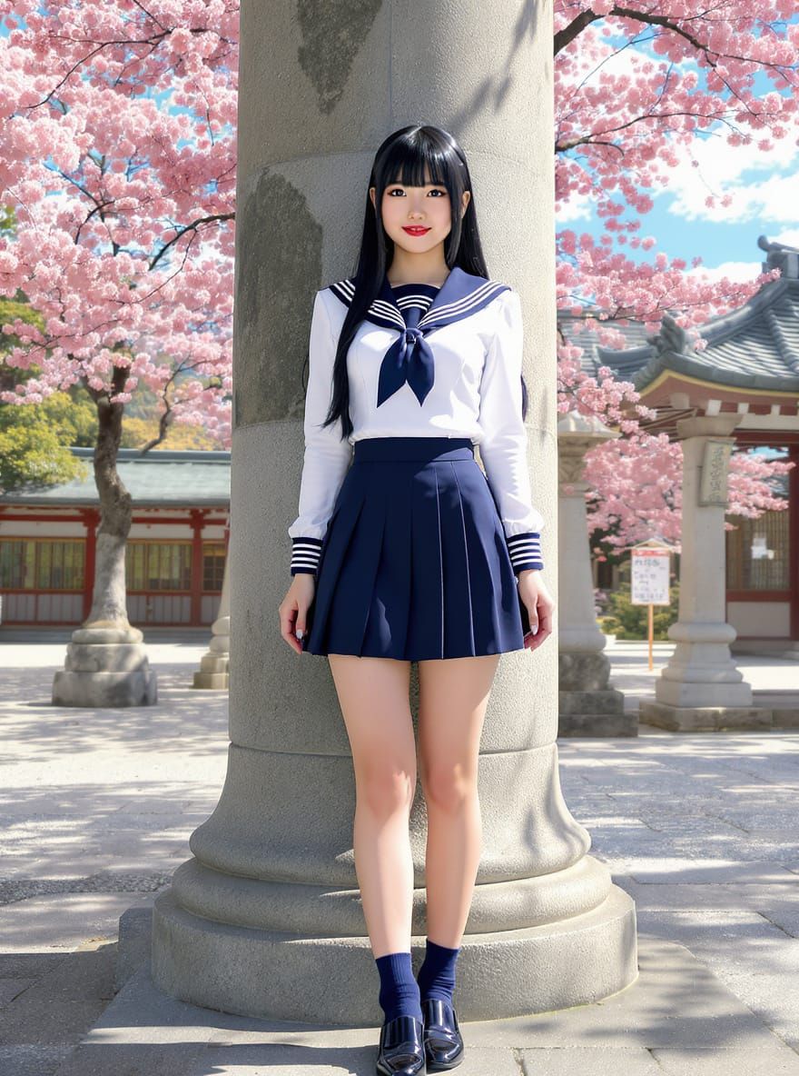 Kaori in Japanese Sailor Uniform at Shrine with Cherry Bloss...