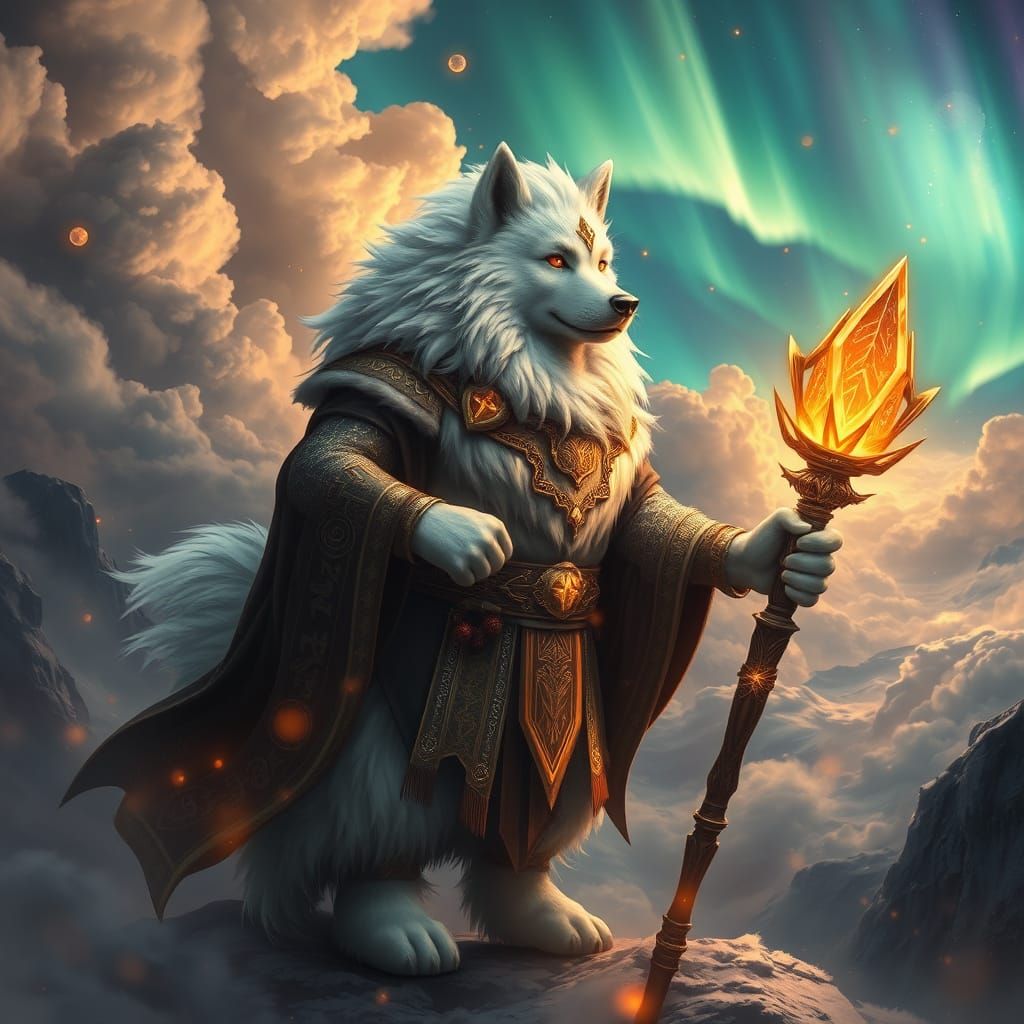 Samoyed Wizard in Ethereal Landscape