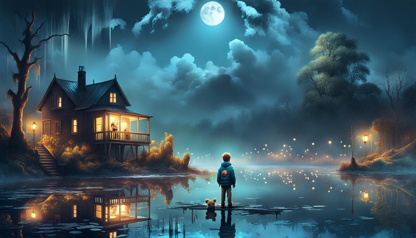 Gloomy Lake: Boy and Teddy in Moonlight