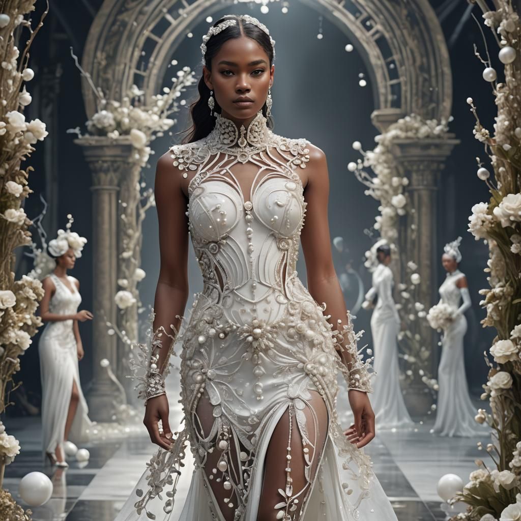 Model in Sheer Gown on Runway: Digital Art