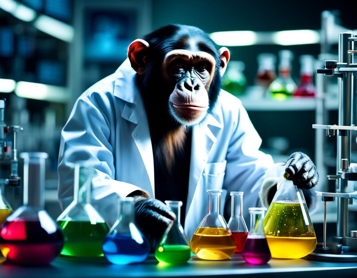 Chimpanzee Chemist in Lab, Photorealistic Stock Photo