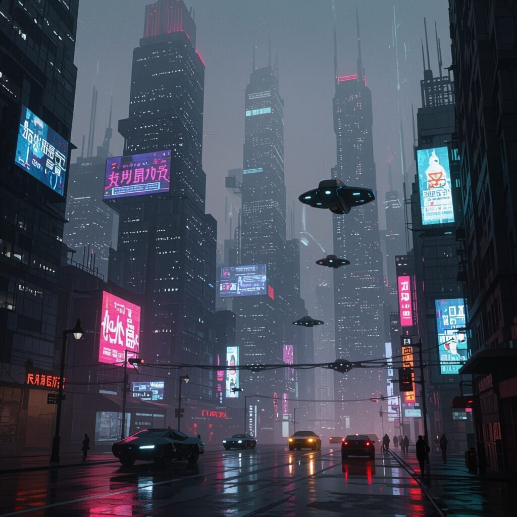 Cyberpunk Cityscape with Flying Vehicles at Night