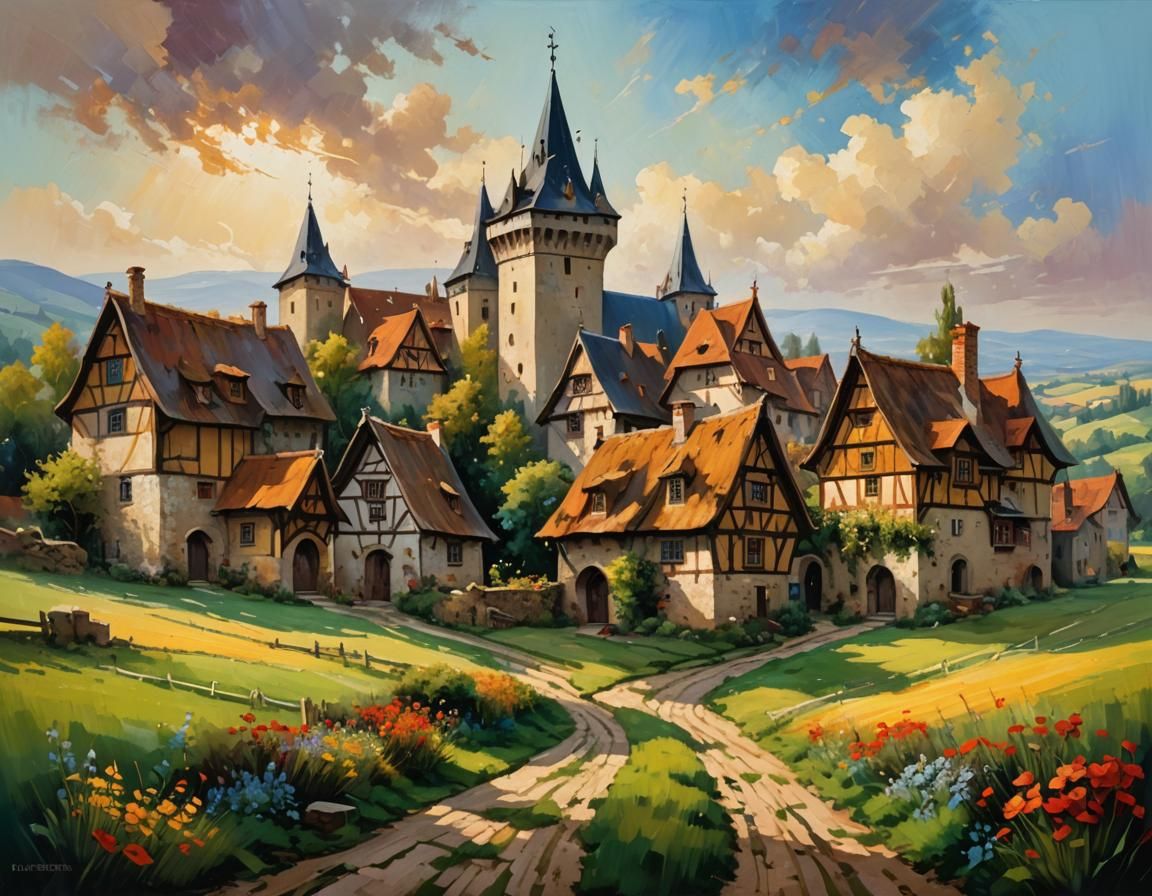 Idyllic Medieval Village Oil Painting