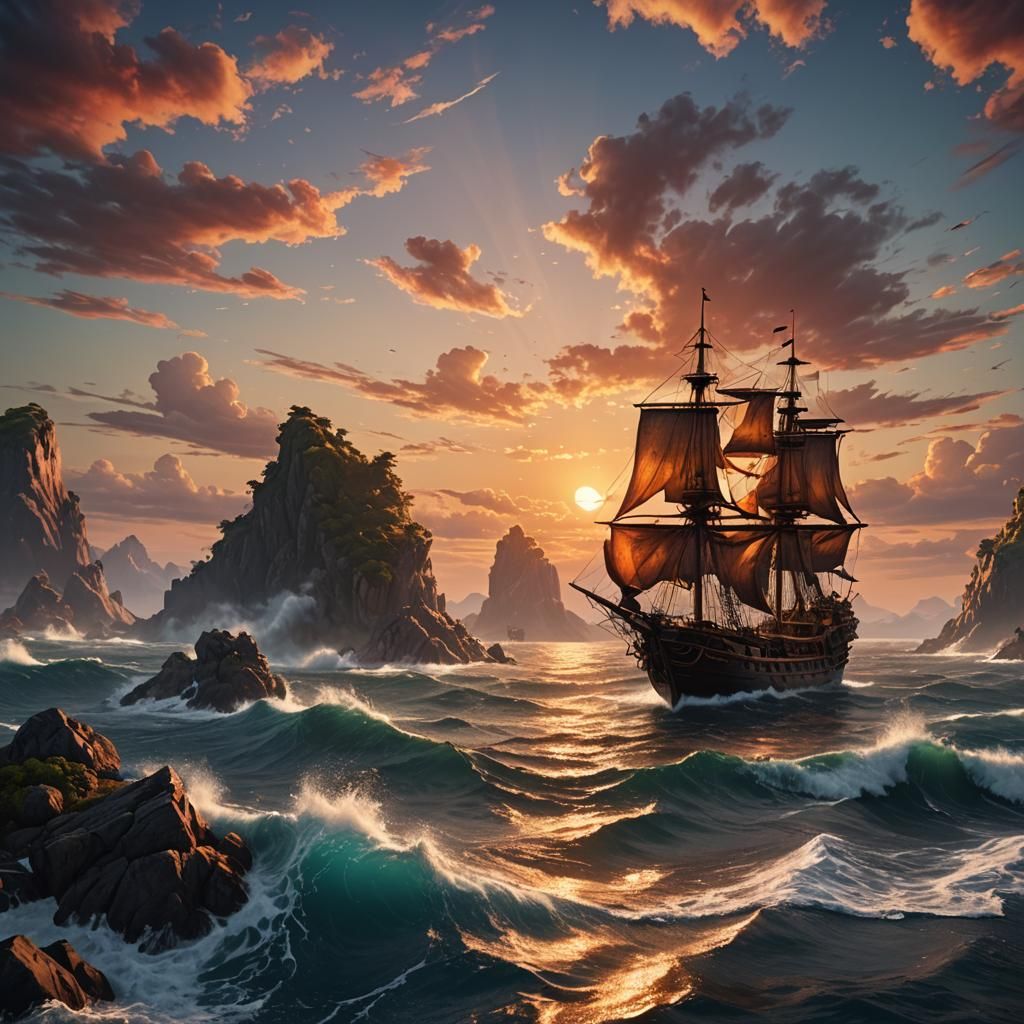 Dramatic Sunset at Sea: Fantasy Concept Art