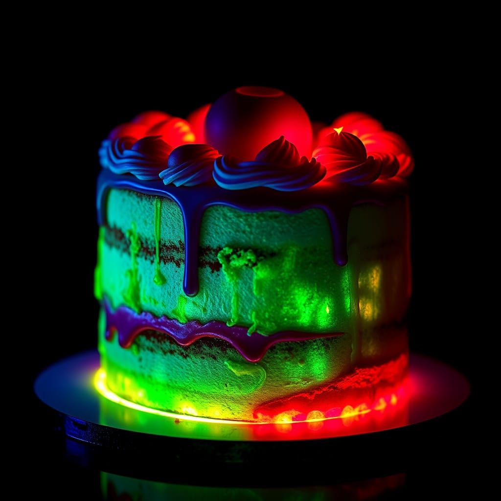 Hyperrealistic Glowing Cake Illuminates Dark Scene