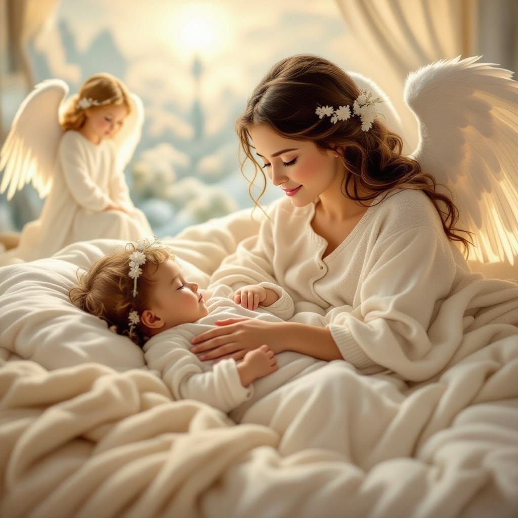 Serene Angel Watches Over a Sleeping Baby in a Cozy Dreamlik...
