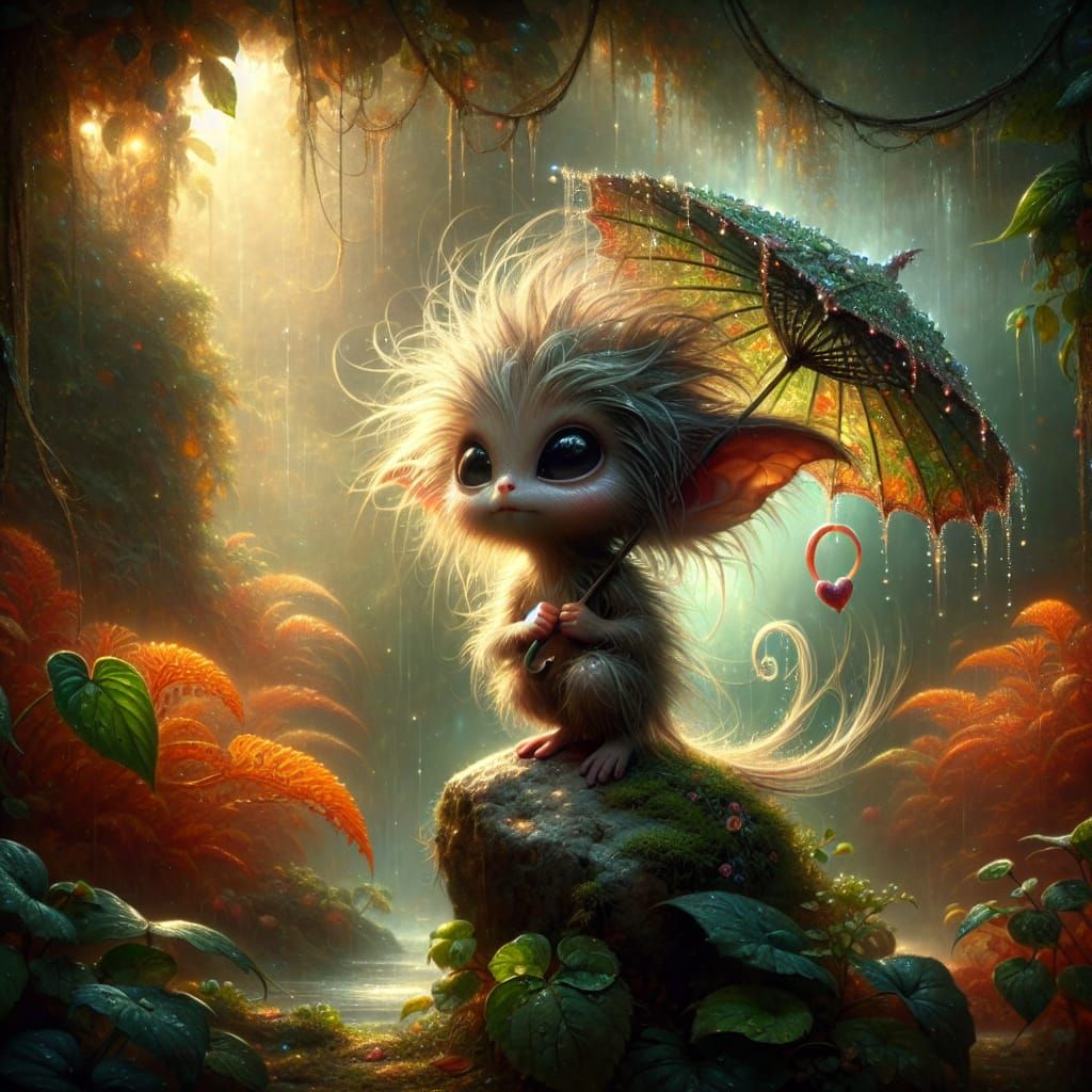 Pixie in Misty Forest with Leaf Umbrella