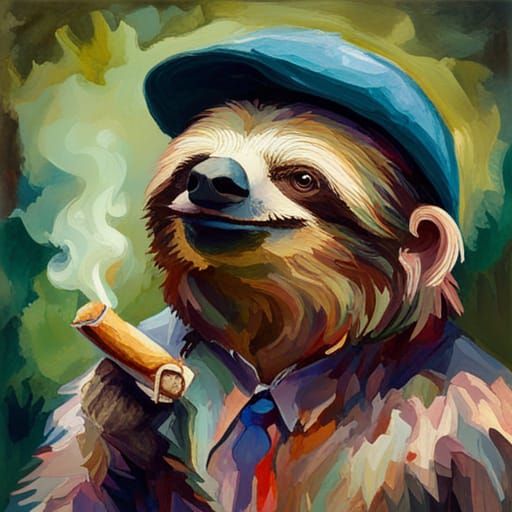Sloth Smoking Cigar as Gouache Watercolor Painting