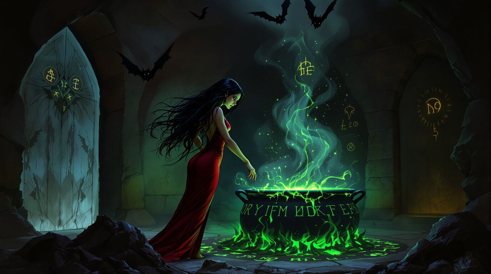 Witch Stirring Potion in Rune-Adorned Lair