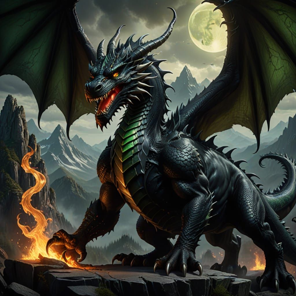 Black Dragon with Green Tongue and Fiery Tail