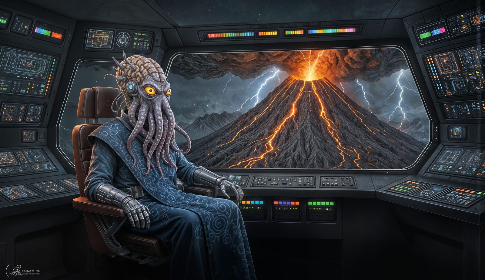 Alien Commander on Spaceship Bridge Overlooking Volcanic Pla...