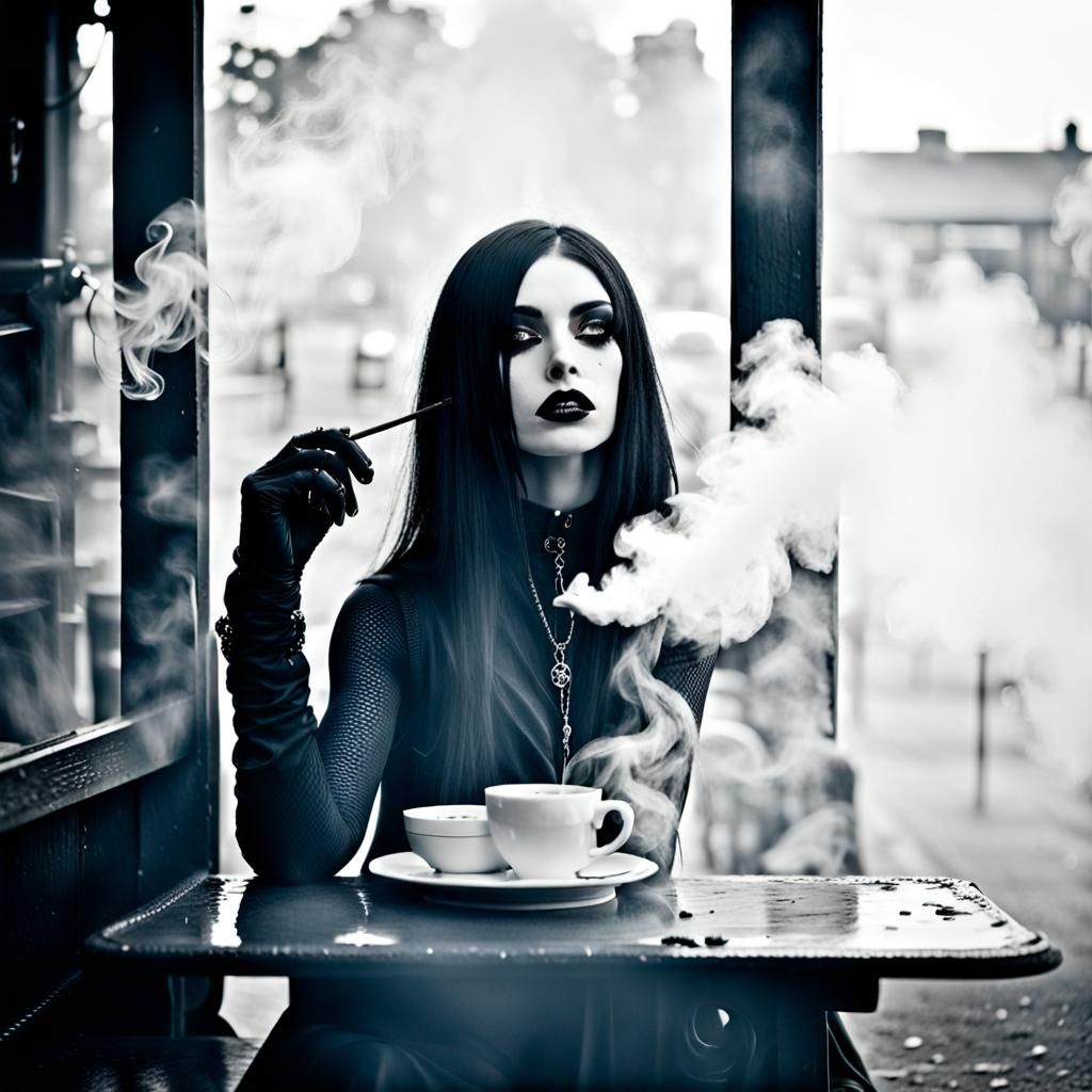Goth Model in Smoky Coffee Shop: Black and White