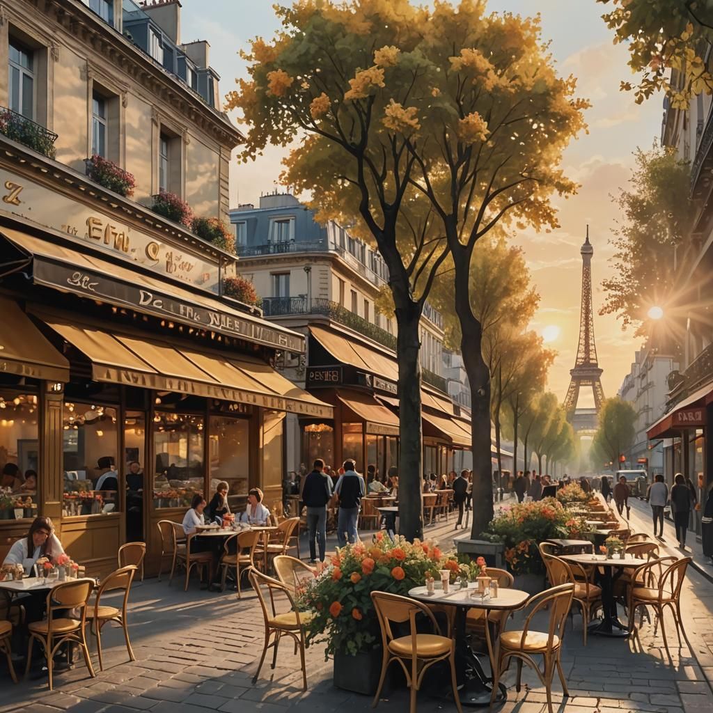 Eiffel Tower Cafe at Sunset: A Cinematic Painting