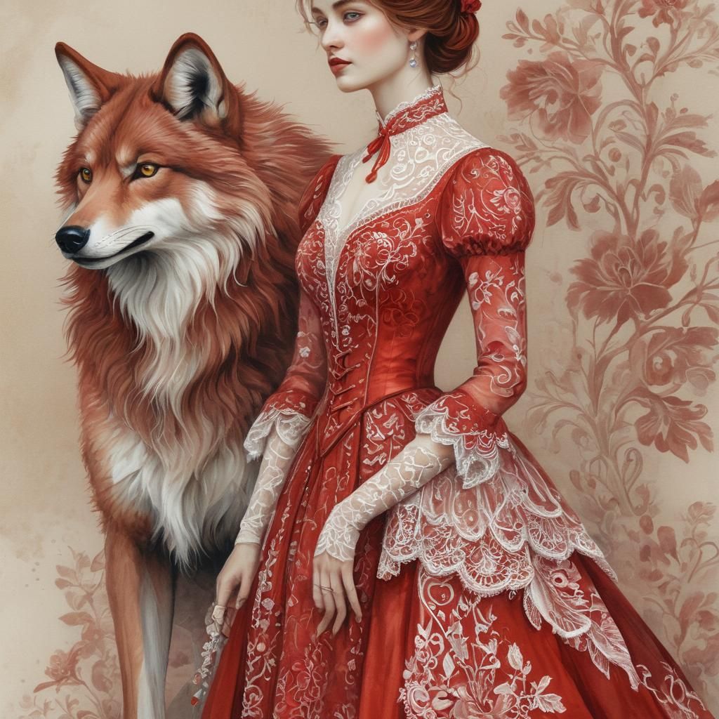 Porcelain Woman and Red Wolf in Digital Watercolor