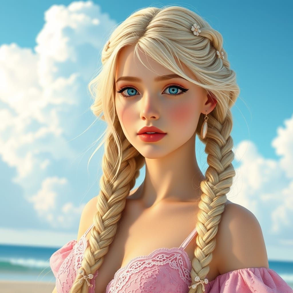 Blonde Beach Goddess in Pastel Pink Beachwear