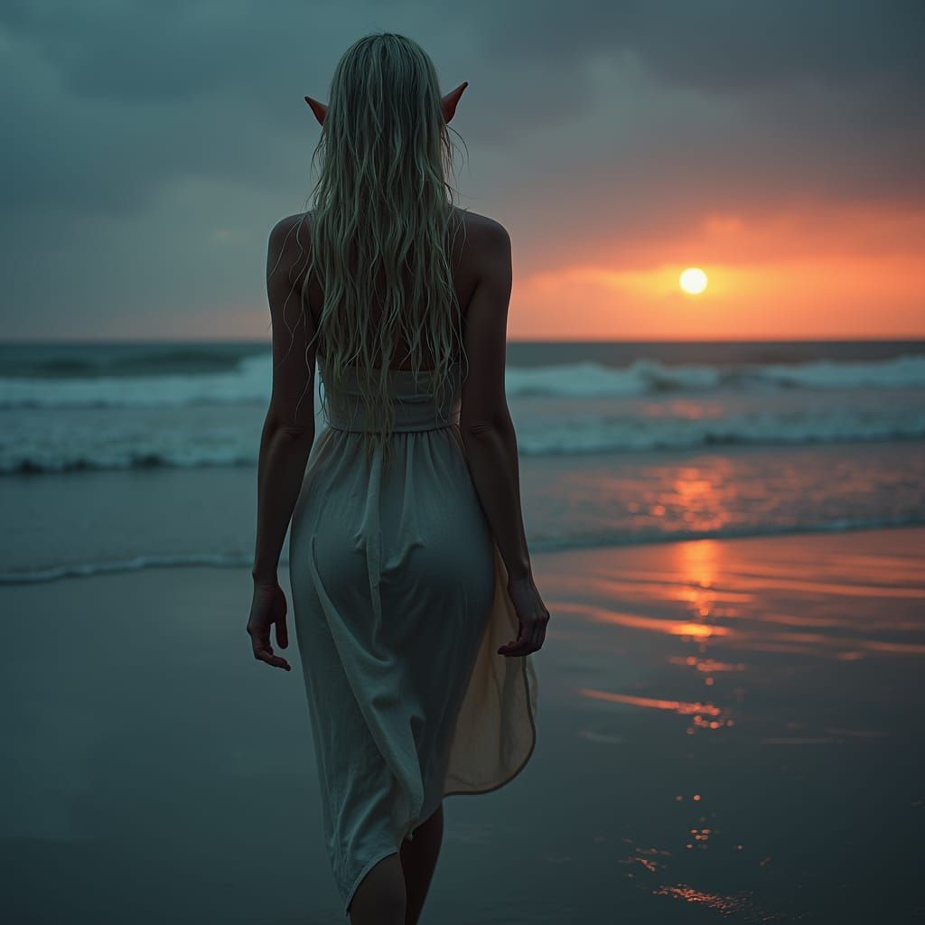 Sad Elf Woman Walks on Rainy Beach at Sunset
