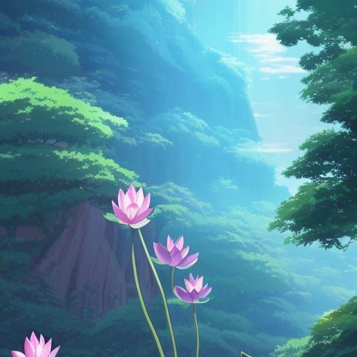 Sacred Lotus in Studio Ghibli Anime Style